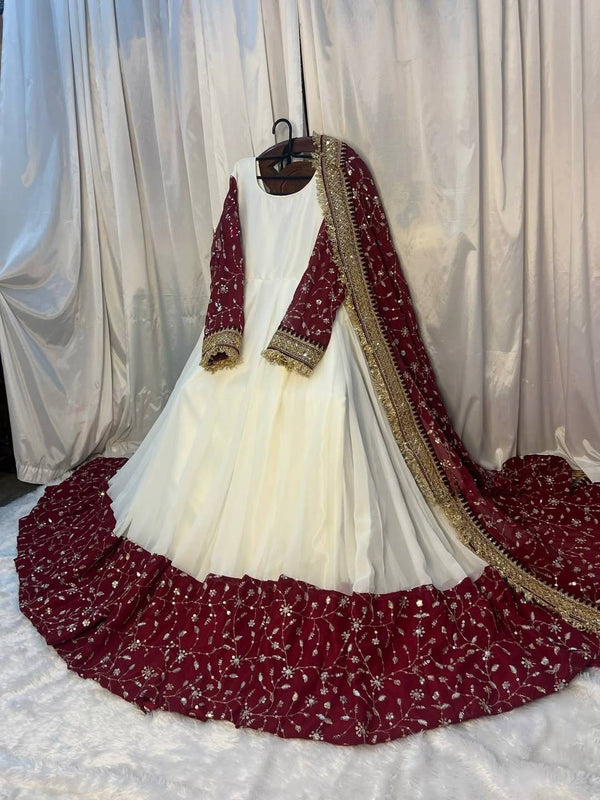 Zara White And Maroon Designer Anarkali