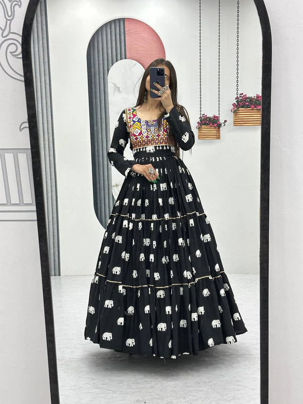 Black Ethnic Elephant Print Mirror Work Navratri Gown