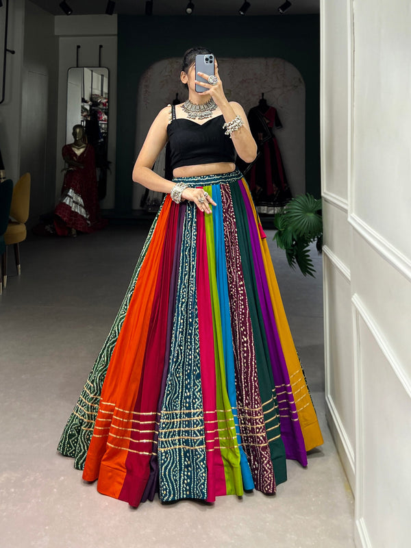Twirls of Tradition Multicolor Bandhej Fusion Lehenga Choli
