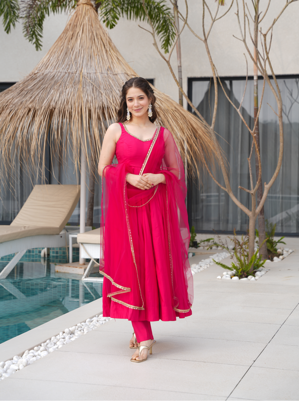 Ravi Rani Pink  Romansilk Chanderi Anarkali