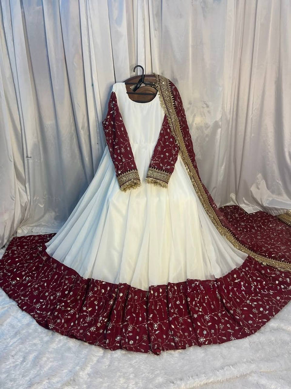Zara White And Maroon Designer Anarkali