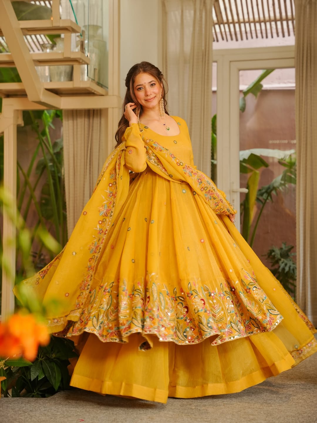 mustard yellow embroidered dress Mustard Yellow Cotton Sequence Embroidery Gown for Haldi-FV4761 – Mohi  fashion main image 0