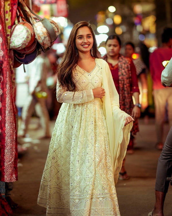 Maya Lakhnawi Embroidered Georgette Anarkali Fully Stitched Suit Set Off Waite