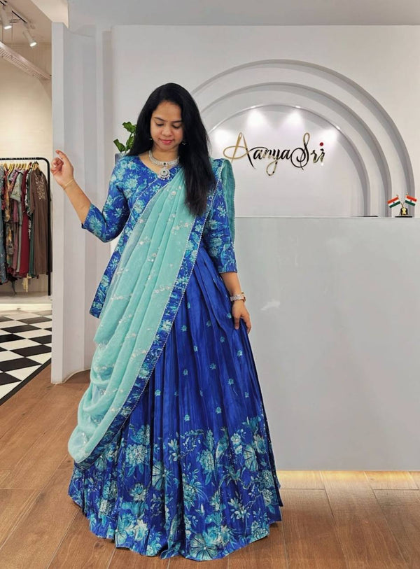 Lyra Blue Tones And Floral Design Digital Print Draped Lehenga