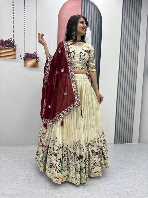 Butterfly Elegance: A Whimsical Cream & Maroon Lehenga Choli