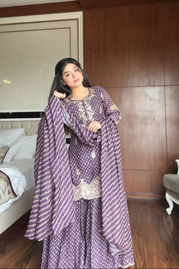 Liora Designer Printed Purple Sharara Suit