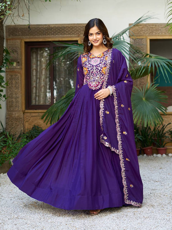 Festive Twinning: Magenta & Violet Mirror Embroidered Gowns