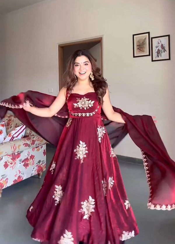 Bindu Maroon Floral Classic Silk  Anarkali
