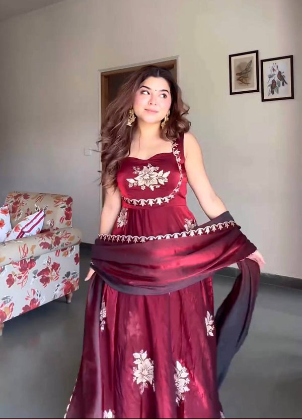Bindu Maroon Floral Classic Silk  Anarkali
