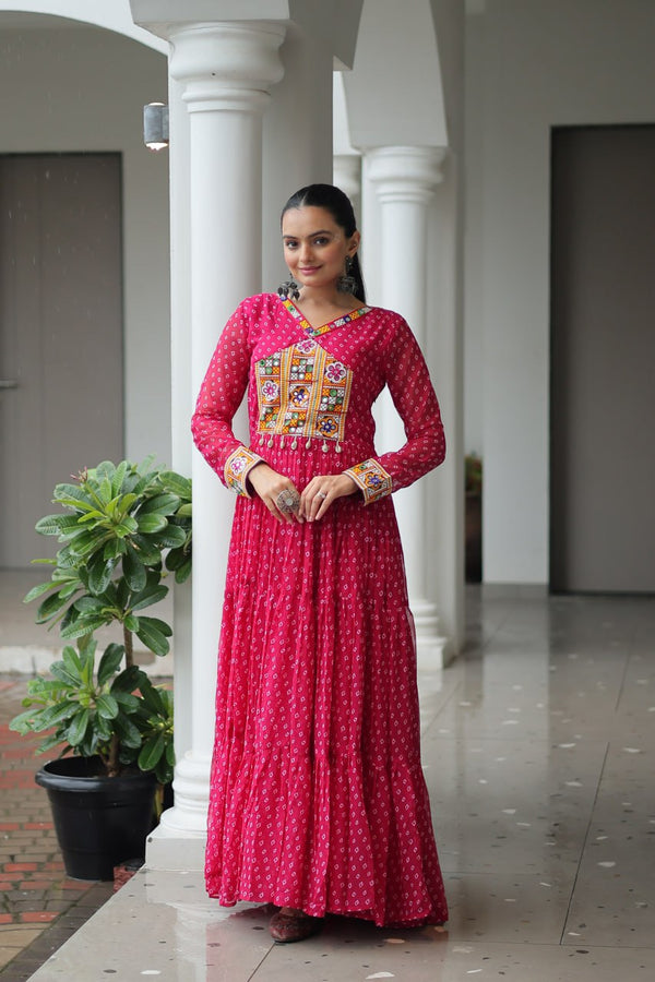 Kaleidoscope Charm: Traditional Bandhani Print Mirror Embroidery Gown